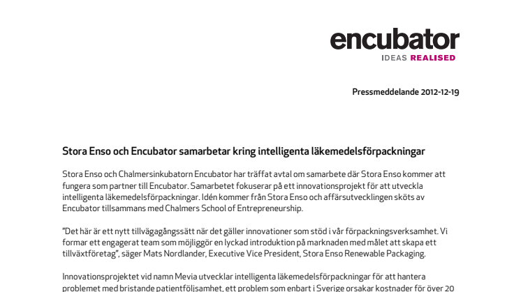 Stora Enso och Encubator samarbetar kring intelligenta läkemedelsförpackningar