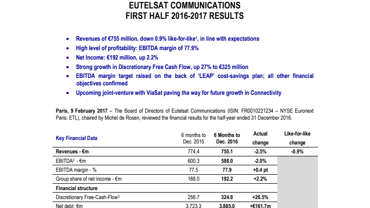 EUTELSAT COMMUNICATIONS  FIRST HALF 2016-2017 RESULTS 