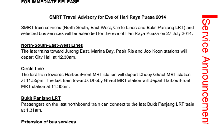 SMRT Travel Advisory for Eve of Hari Raya Puasa 2014