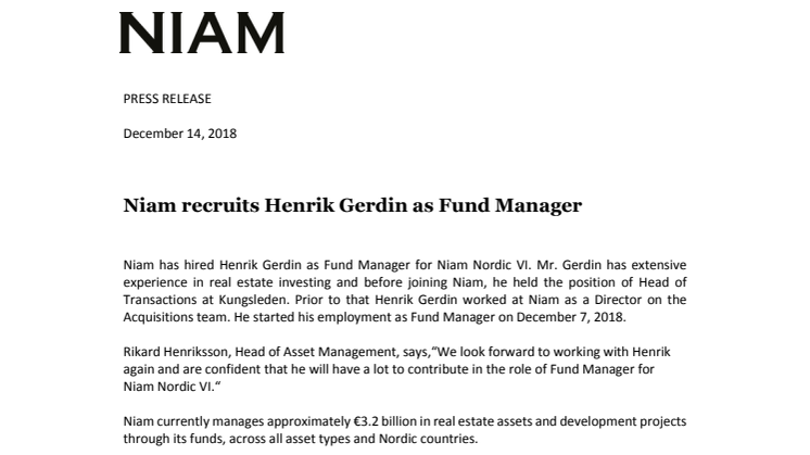 Niam recruits Henrik Gerdin as Fund Manager