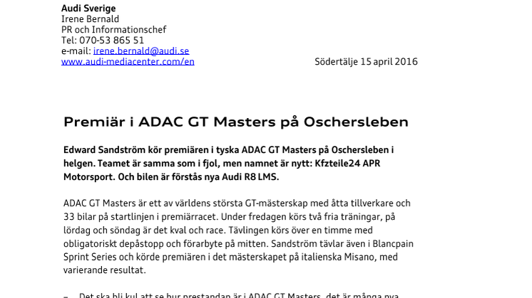 Premiär i ADAC GT Masters på Oschersleben