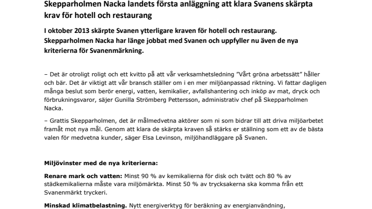 Skepparholmen Nacka landets första anläggning att klara Svanens skärpta krav för hotell och restaurang