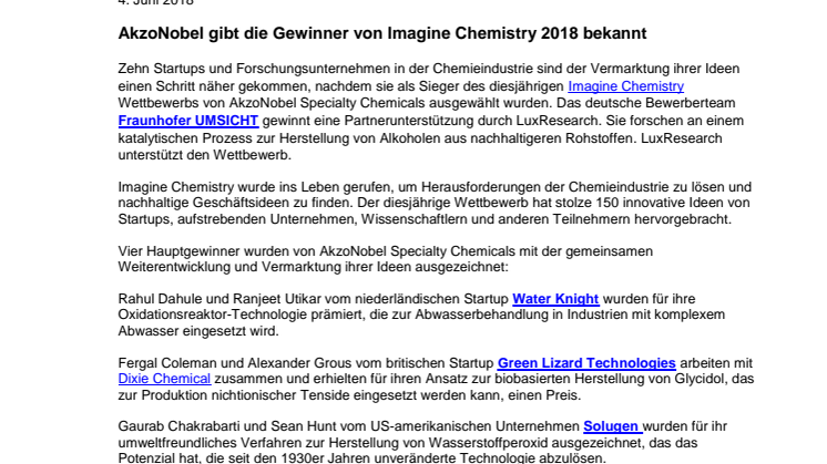 AkzoNobel gibt die Gewinner von Imagine Chemistry 2018 bekannt