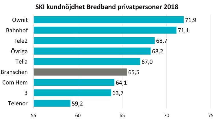 Som bredbandslevarantör får Ownit bäst betyg av privatkunderna, följd av Bahnhof. Flera andra leverantörer har gjort stora förbättringar jämfört med tidigare år, exempelvis Tele2.