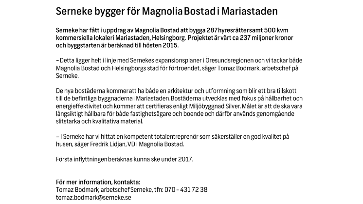 Serneke bygger för Magnolia Bostad i Mariastaden