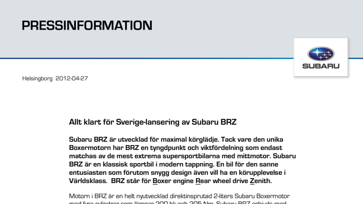 Allt klart för Sverige-lansering av Subaru BRZ