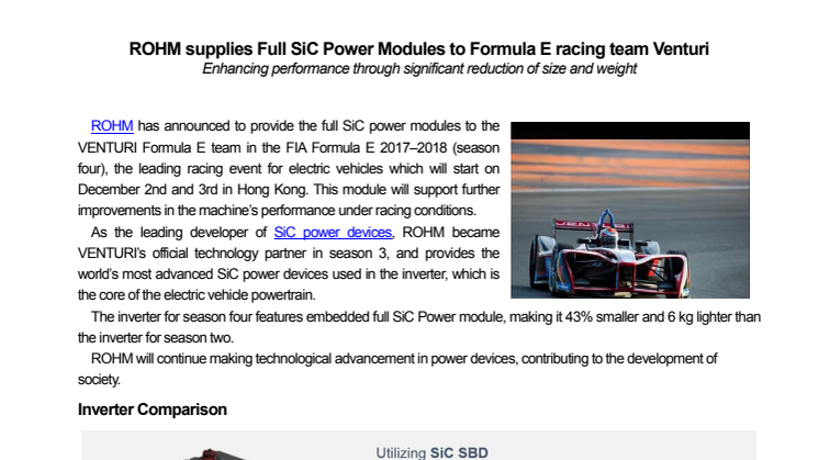 ROHM supplies Full SiC Power Modules to Formula E racing team Venturi---Enhancing performance through significant reduction of size and weight