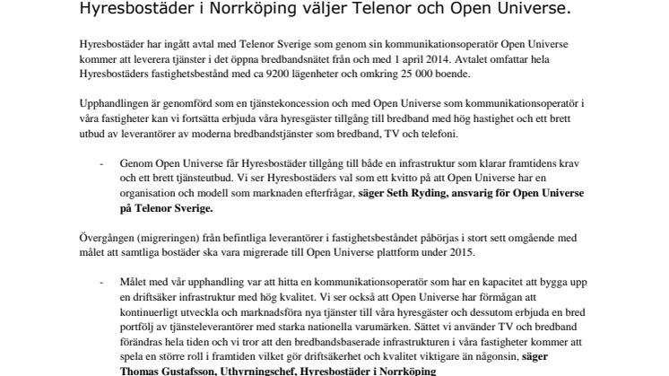 Hyresbostäder i Norrköping väljer Telenor och Open Universe.