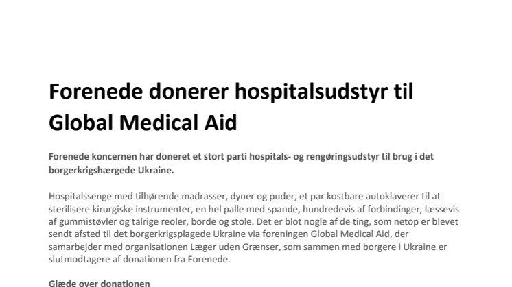 Forenede donerer hospitals- og rengøringsudstyr til Global Medical Aid