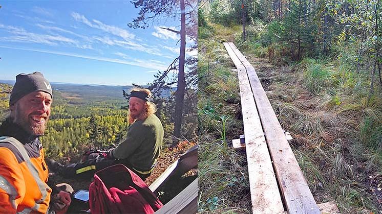 Per Ax och Henning Åström tar en välförtjänt paus på Söderbergets topp efter att ha markerat leden upp till toppen och lagt ut spänger. Foto: Per Ax.