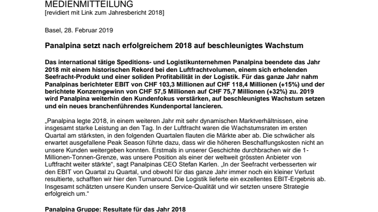 Panalpina setzt nach erfolgreichem 2018 auf beschleunigtes Wachstum