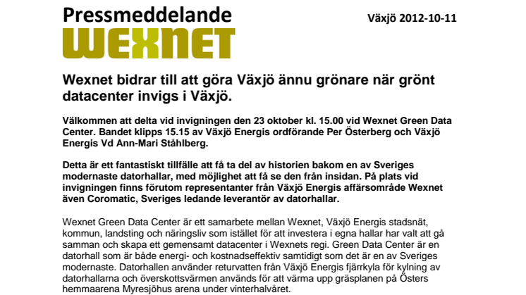 Wexnet bidrar till att göra Växjö ännu grönare när grönt datacenter invigs i Växjö