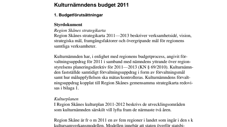 Kulturnämndens budget 2011 exl fördelning av statliga bidrag