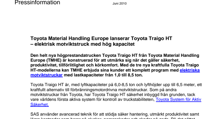 Toyota Material Handling Europe lanserar Toyota Traigo HT – elektrisk motviktstruck med hög kapacitet