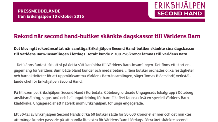 Rekord när second hand-butiker skänkte dagskassor till Världens Barn