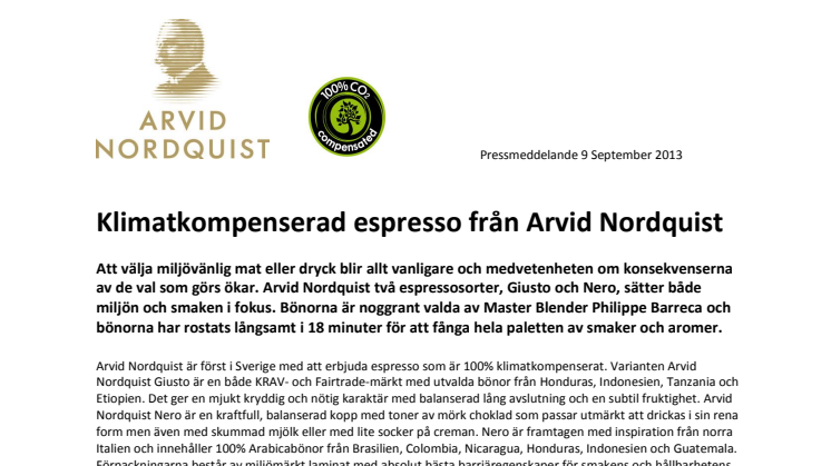 Klimatkompenserad espresso från Arvid Nordquist