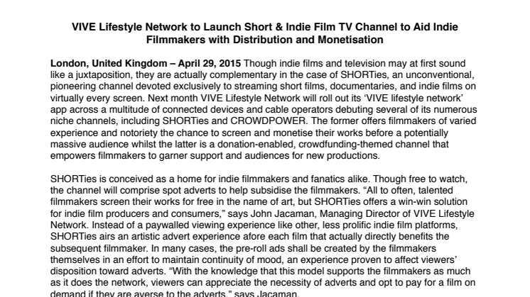 VIVE Lifestyle Network to Launch Short & Indie Film TV Channel to Aid Indie Filmmakers with Distribution and Monetisation