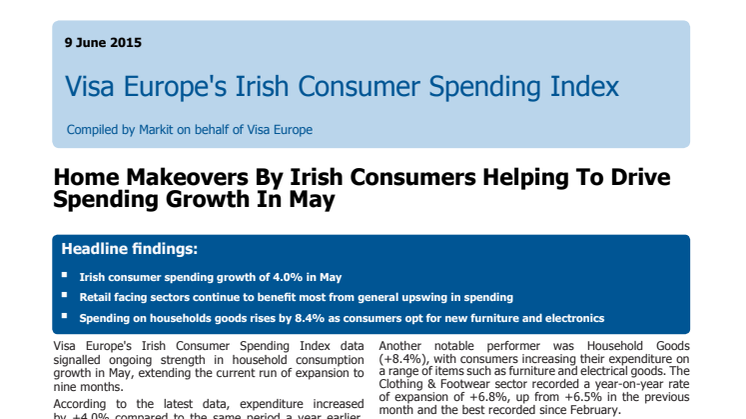 Visa Europe's Irish Consumer Spending Index - 9 June 2015