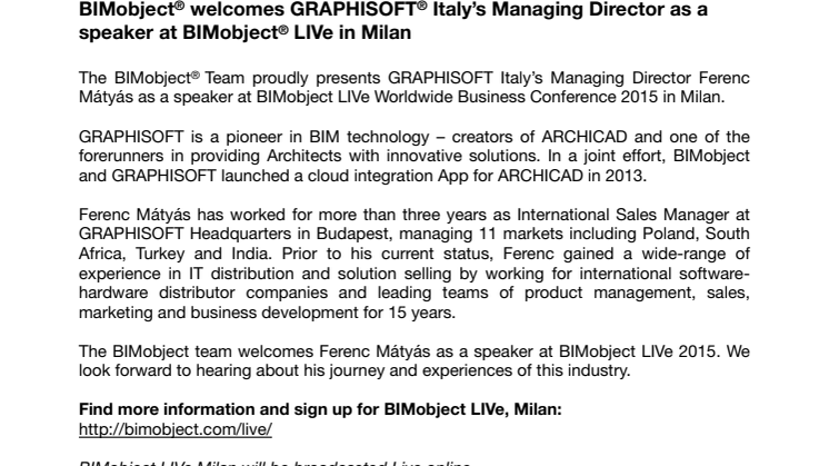 BIMobject® welcomes GRAPHISOFT® Italy’s Managing Director as a speaker at BIMobject® LIVe in Milan