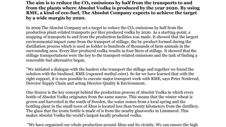Absolut Vodka changes to biodiesel