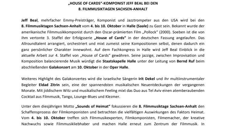 „HOUSE OF CARDS“‐KOMPONIST JEFF BEAL BEI DEN 8. FILMMUSIKTAGEN SACHSEN‐ANHALT