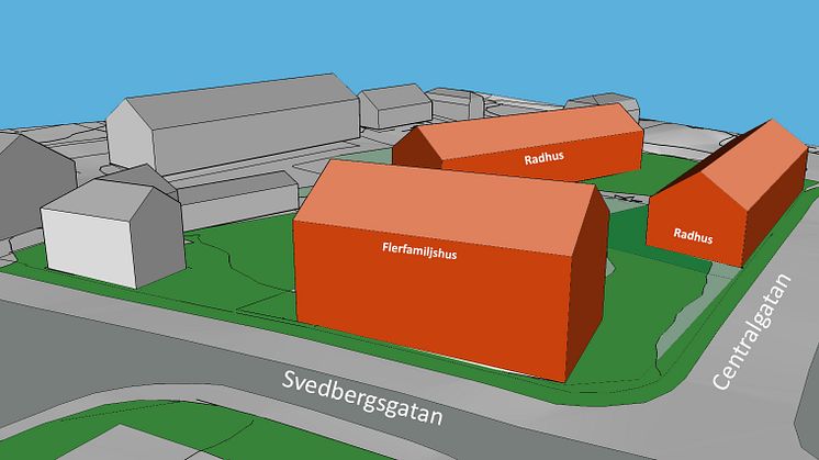 Volymskiss på ett trevånings flerbostadshus och två tvåvånings radhuskroppar.