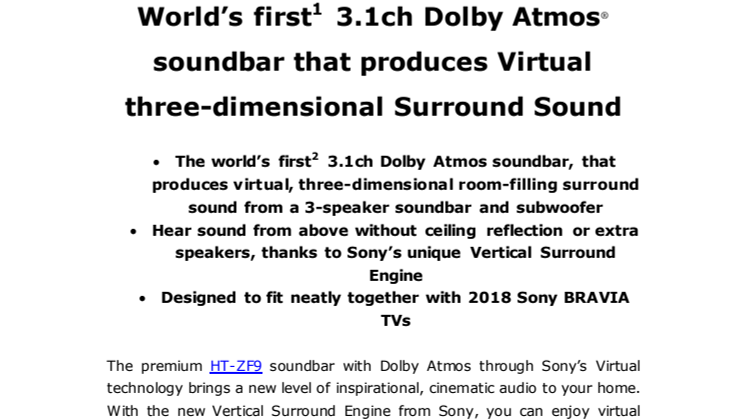 ​Världens första[1] Dolby Atmos® Soundbar med virtuellt tredimensionellt surroundljud