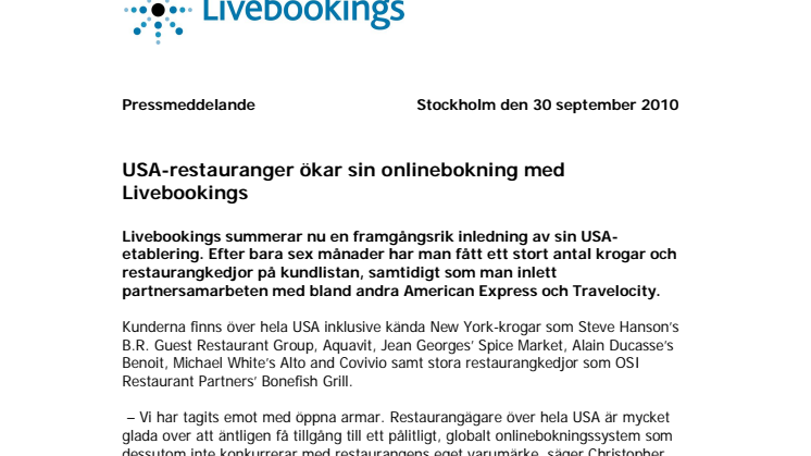 USA-restauranger ökar sin onlinebokning med Livebookings