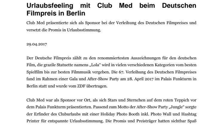 Urlaubsfeeling mit Club Med beim Deutschen Filmpreis in Berlin