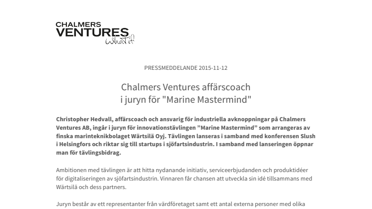 Chalmers Ventures affärscoach i juryn för "Marine Mastermind"