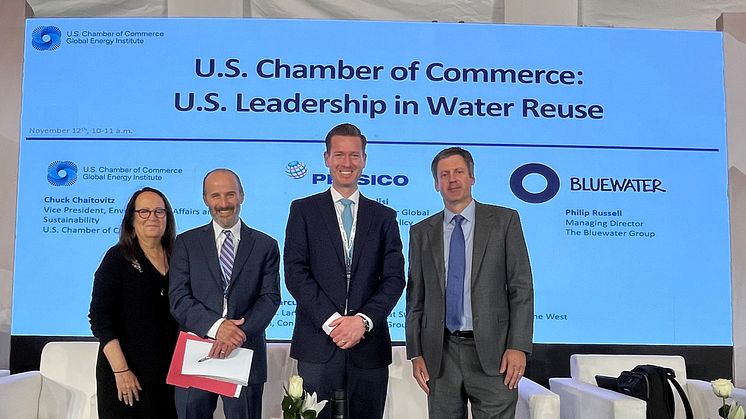 Bluewater spokesperson Philip Russell, 3rd from right, joins US Chamber of Commerce event at COP 27 exploring water reuse. chaired by Chuck Chaitovitz, VP, Environmental Affairs & Sustainability, U.S. Chamber of Commerce, 2nd from left.