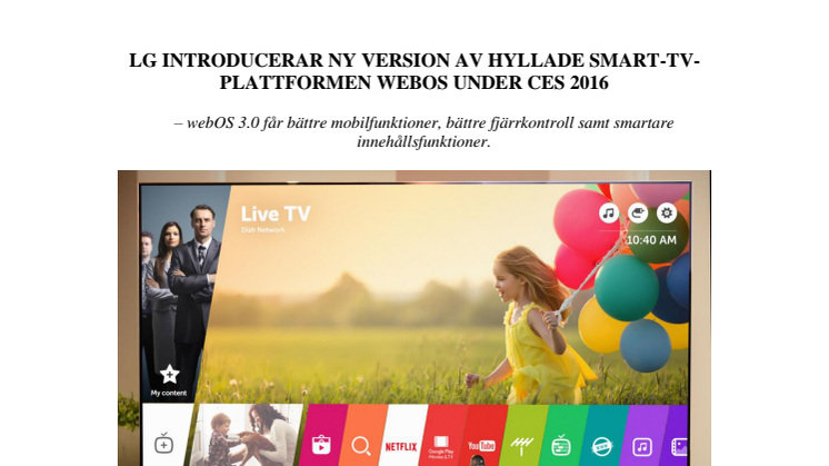 LG INTRODUCERAR NY VERSION AV HYLLADE SMART-TV-PLATTFORMEN WEBOS UNDER CES 2016