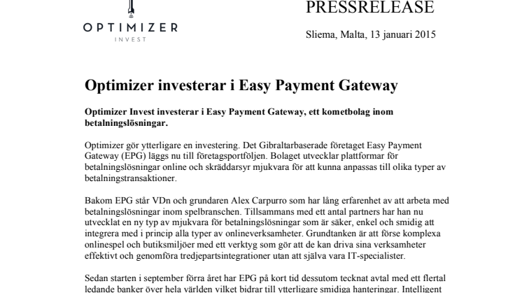 Optimizer investerar i Easy Payment Gateway