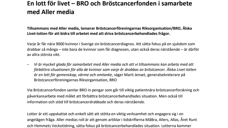 En lott för livet – BRO och Bröstcancerfonden i samarbete med Aller media