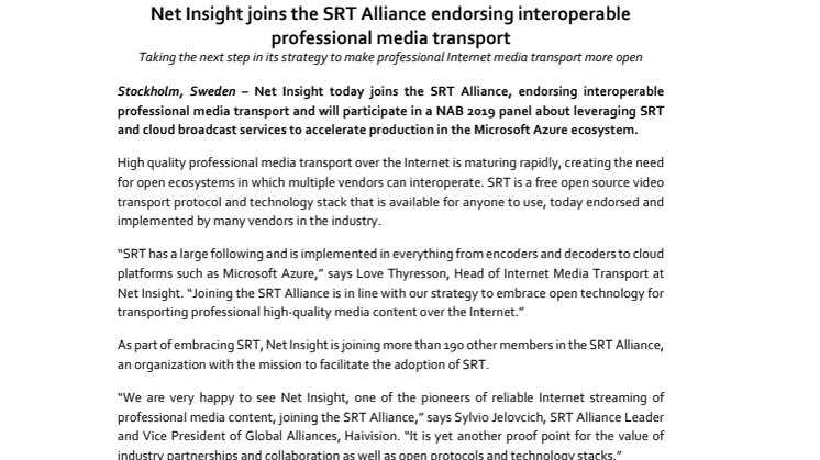 Net Insight joins the SRT Alliance endorsing interoperable professional media transport