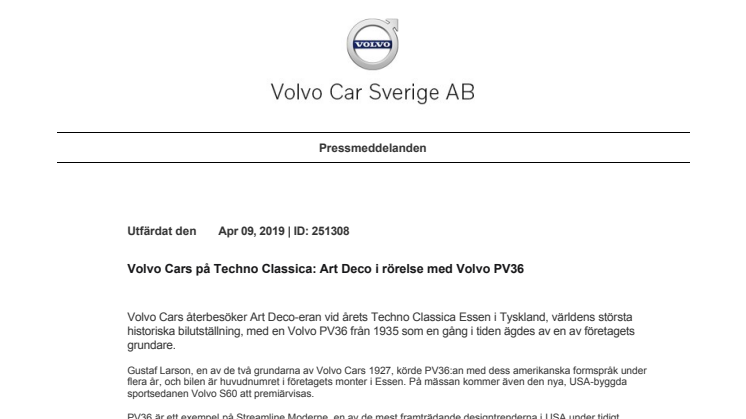 Volvo Cars på Techno Classica: Art Deco i rörelse med Volvo PV36