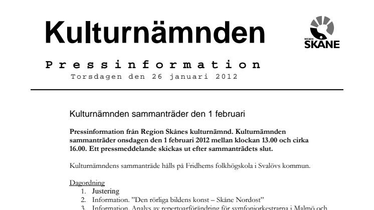 Kulturnämnden sammanträder den 1 februari