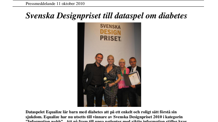 Svenska Designpriset till Equalize - ett dataspel om diabetes