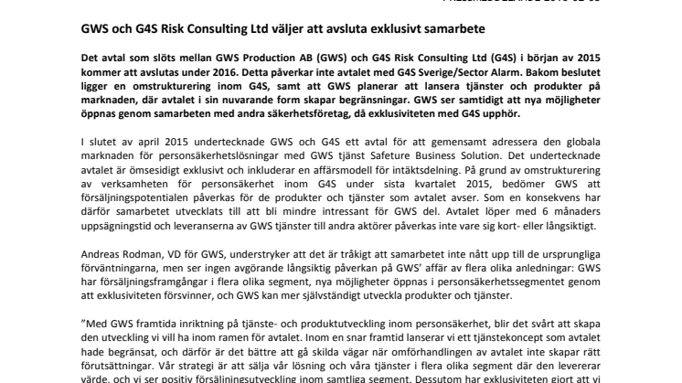 GWS och G4S Risk Consulting Ltd väljer att avsluta exklusivt samarbete 