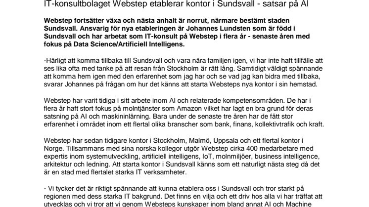 IT-konsultbolaget Webstep etablerar kontor i Sundsvall - satsar på AI