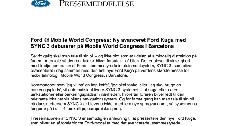 ​Ford @ Mobile World Congress: Ny avanceret Ford Kuga med SYNC 3 debuterer på Mobile World Congress i Barcelona