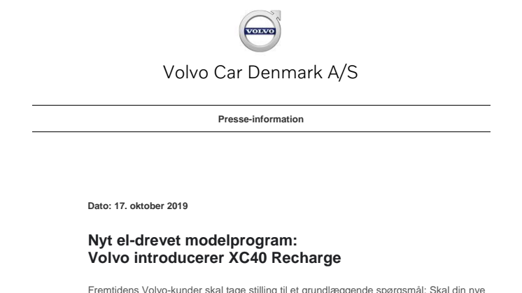 Nyt el-drevet modelprogram: Volvo introducerer XC40 Recharge