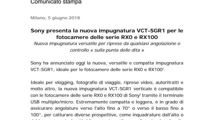 Sony presenta la nuova impugnatura VCT-SGR1 per le fotocamere delle serie RX0 e RX100