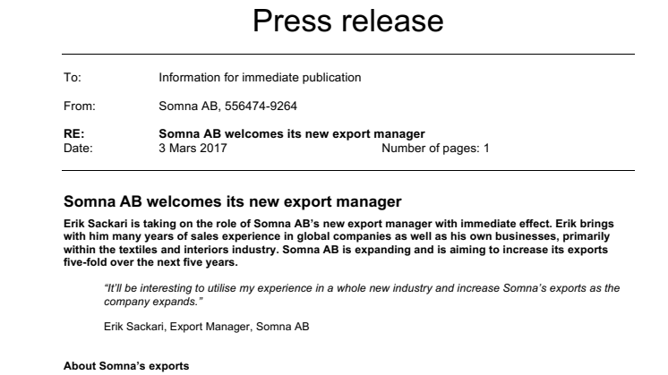 Somna AB welcomes its new export manager