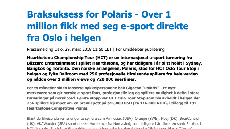 Braksuksess for Polaris - Over 1 million views på e-sport turnering fra Oslo i helgen