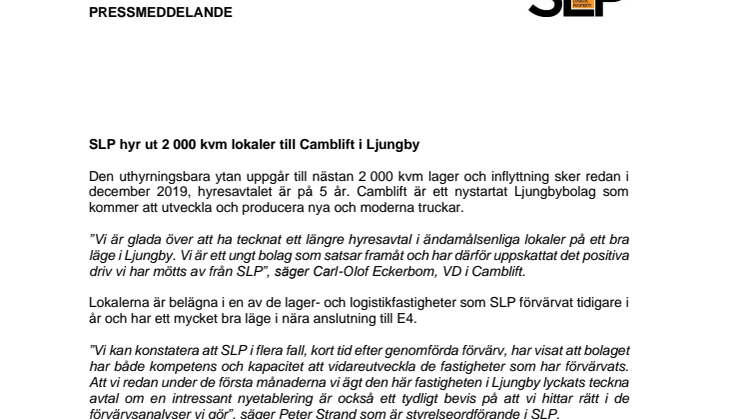 ​SLP hyr ut 2 000 kvm lokaler till Camblift i Ljungby