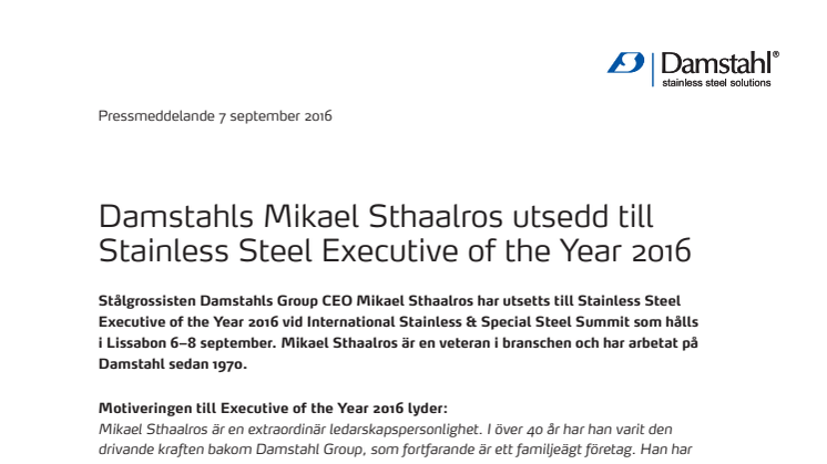 Mikael Sthaalros - Stainless Steel Executive of the Year 2016