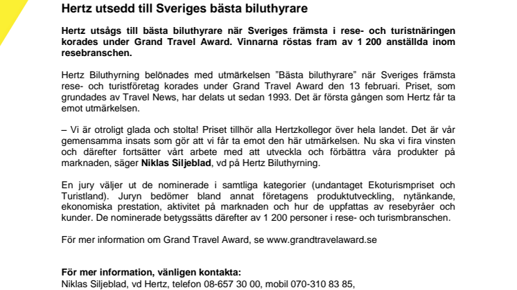Hertz utsedd till Sveriges bästa biluthyrare
