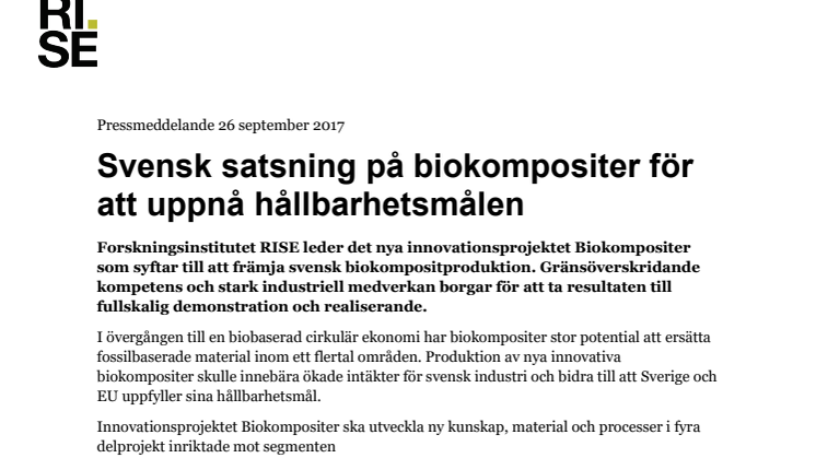 Svensk satsning på biokompositer för att uppnå hållbarhetsmålen