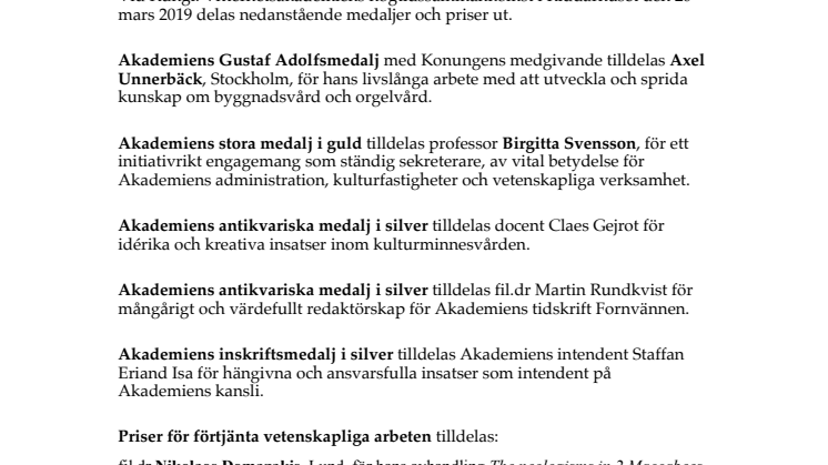 Kungl. Vitterhetsakademiens medaljörer och pristagare 2019